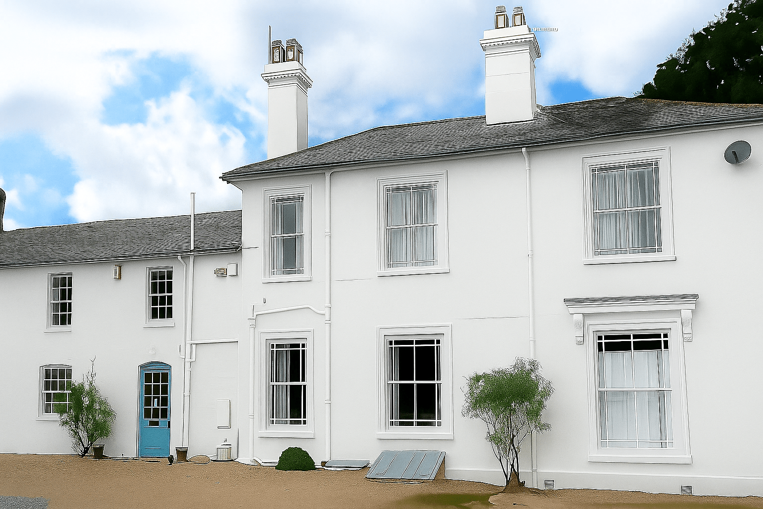 Front exterior shot of very large house after wall cleaning service and White ProPERLA Wall Coating applied by Universal Eco Homes