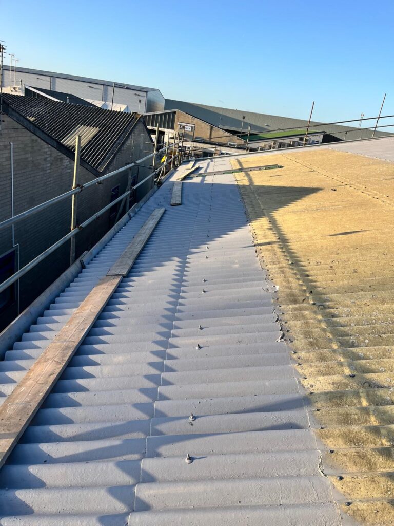 Commercial roof coating process showing before and after surface comparison